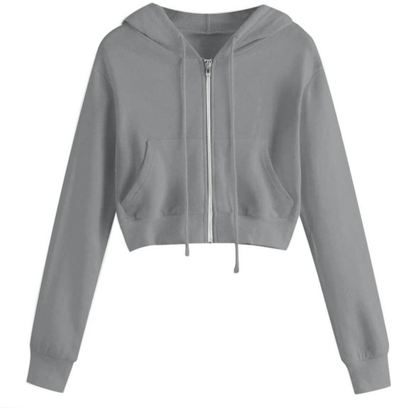 Crop Jackets Zip Up Womens Cute Workout Hoodie Long Sleeve Cropped Drawstring Hooded Sweatshirt Outerwear (Medium, Gray)