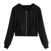 AKOEE Crop Jackets Zip Up Womens Cute Workout Hoodie Long Sleeve Cropped Drawstring Hooded Sweatshirt Outerwear (XX-Large, Black)