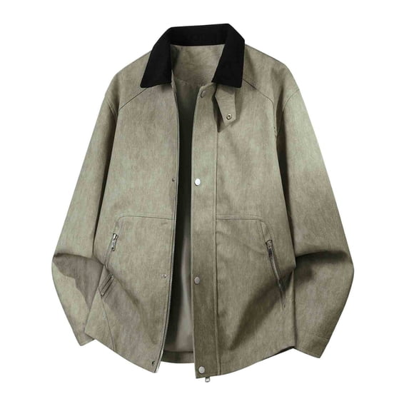 Crop Jackets for Men Jerdar Men's Color-blocked Lapel Zip-up Snap Button Zip-up Pocket Long-sleeved Coat Top