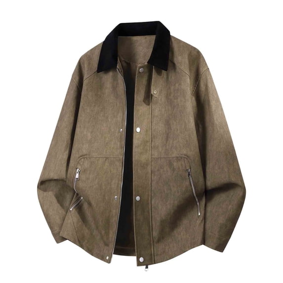 Crop Jackets for Men Jerdar Men's Color-blocked Lapel Zip-up Snap Button Zip-up Pocket Long-sleeved Coat Top