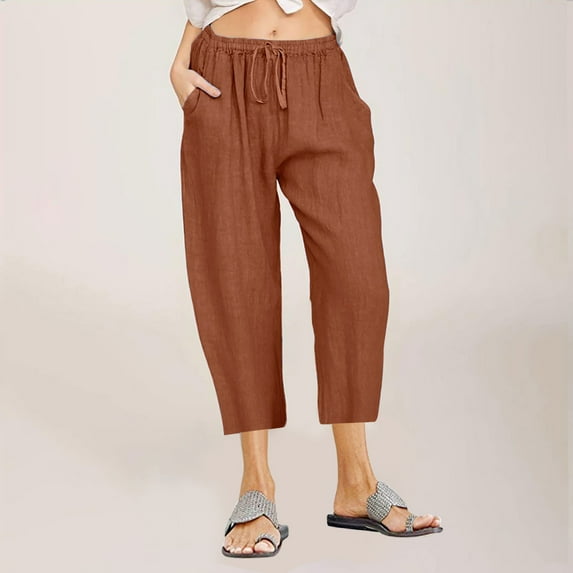 Crop Pants Dgankt Women's Solid Color Linen Cotton Casual Drawstring Elastic Waist Wide Leg Pants
