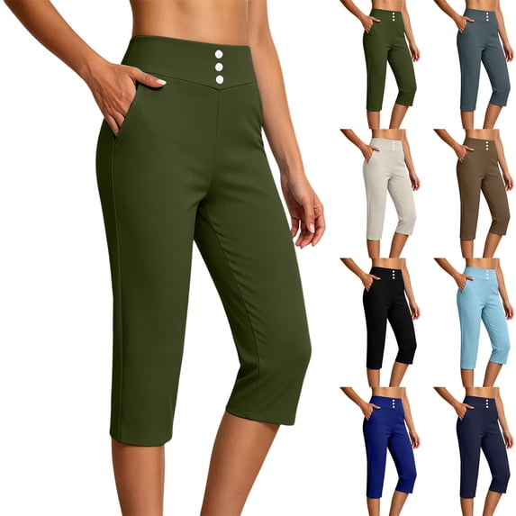 Crop Pants for Women Casual Yoga Pants Work Golf Trousers Stretch High Waisted Straight Leg Capris with Pockets XL