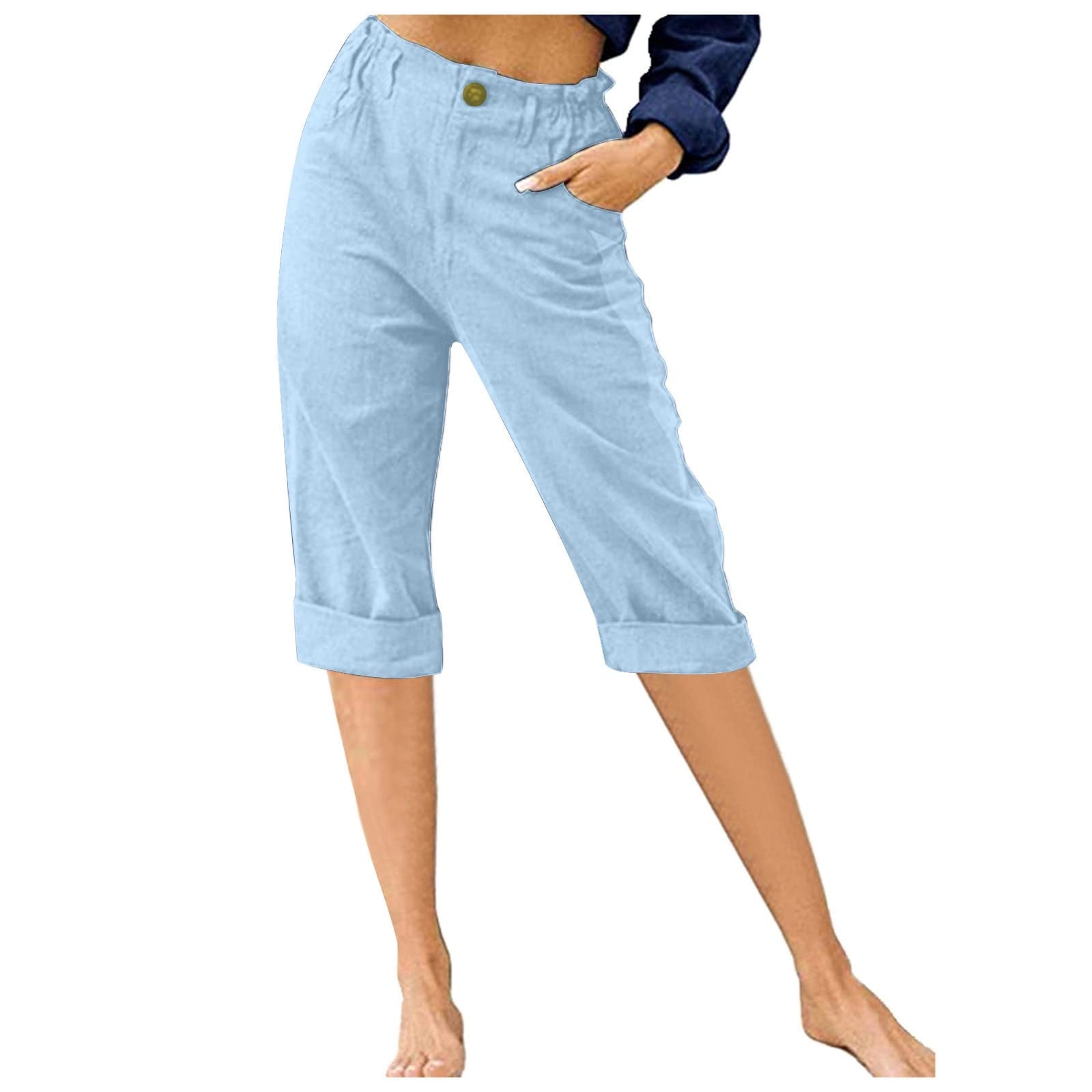 Clearance RYRJJ Womens Cotton Linen Work Pants Casual Plus Size High Waist  Capri Pants Summer Loose Comfy Straight Leg Cropped Pants(Blue,XL)
