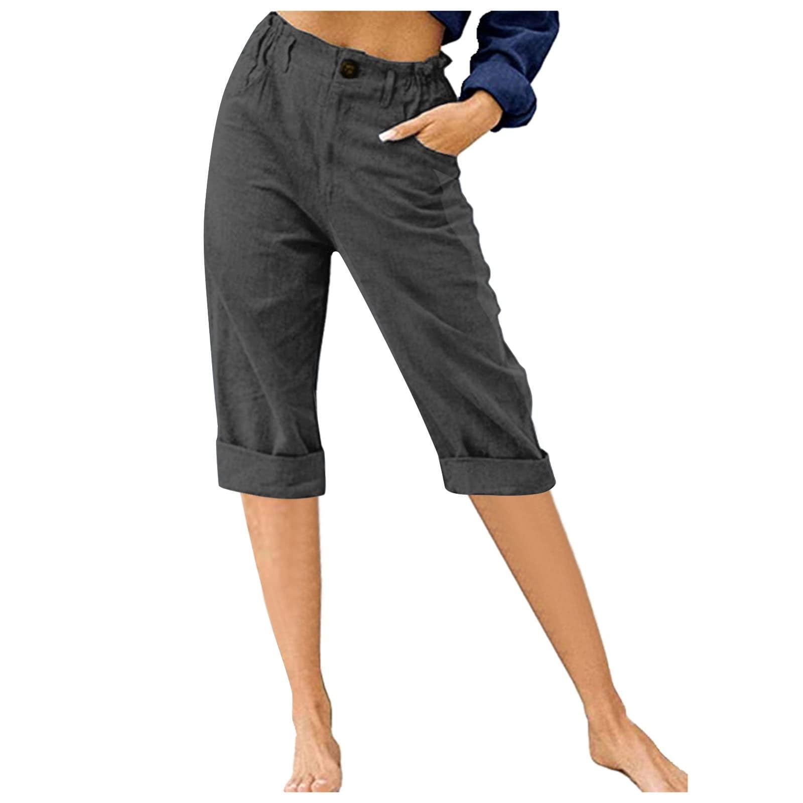 Crop Pants for Women Trendy Comfortable Linen Cropped Pants Elastic High  Waist Straight Rolled Capri Below Knee (X-Large, Yellow) 
