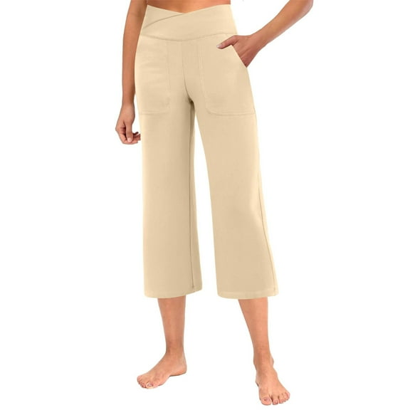 Crop Pants for Women Work Slimming Tummy Control Lightweight Pull on Capris Wide Leg Cross Waisted Stretchy Comfy Gaucho Pants with Pockets Khaki S