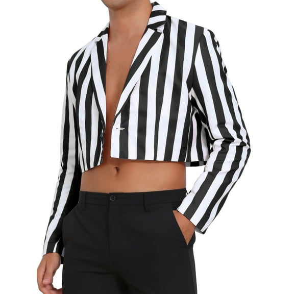 Crop Striped Blazer for Men's Single Breasted Notch Lapel Sport Coat Business Stripes Suit Jackets L Black White