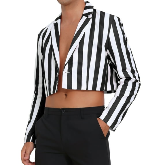 INSPIRE CHIC Crop Striped Blazer for Men's Single Breasted Notch Lapel Sport Coat Business Stripes Suit Jackets M Black White
