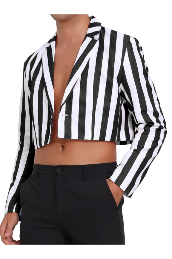Crop Striped Blazer for Men's Single Breasted Notch Lapel Sport Coat Business Stripes Suit Jackets XL Black White