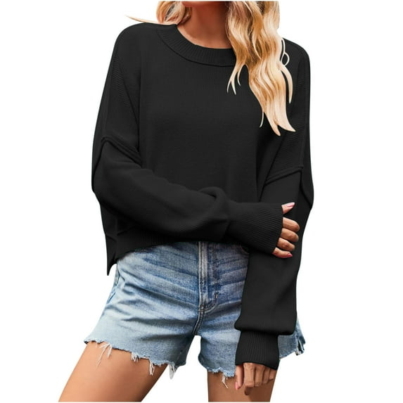 Crop Sweaters for Women Loose Crew Neck Knit Sweatshirt Pullover Drop Shoulder Long Sleeve Side Split Tops (Large, Black)