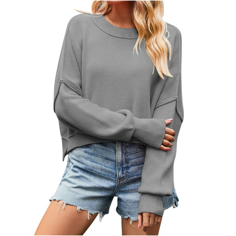AKOEE Women's Gray Crop Sweater, Dressy Loose Crew Neck Long