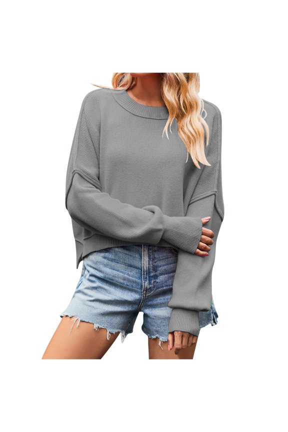Crop Sweaters for Women Loose Crew Neck Knit Sweatshirt Pullover Drop Shoulder Long Sleeve Side Split Tops (Small, Gray)