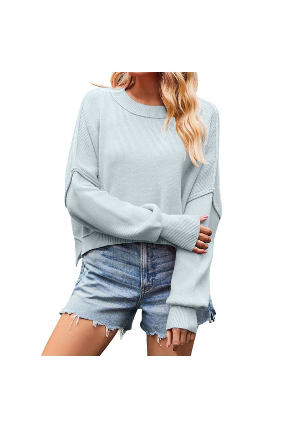 Crop Sweaters for Women Loose Crew Neck Knit Sweatshirt Pullover Drop Shoulder Long Sleeve Side Split Tops (Small, Light Blue)