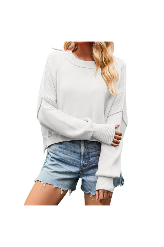 Crop Sweaters for Women Loose Crew Neck Knit Sweatshirt Pullover Drop Shoulder Long Sleeve Side Split Tops (Small, White)