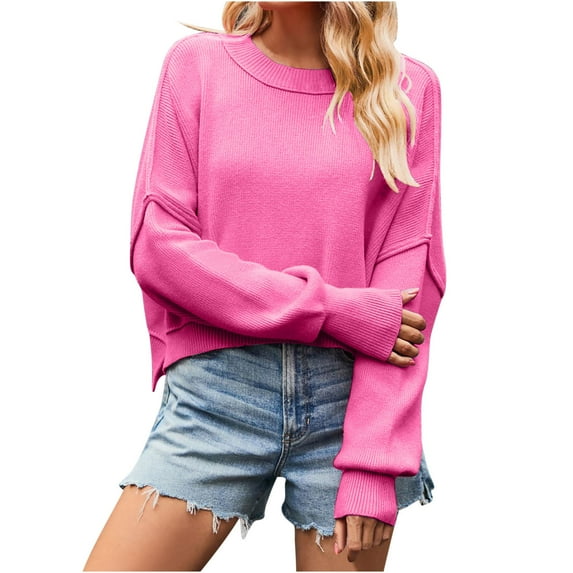 Crop Sweaters for Women Loose Crew Neck Knit Sweatshirt Pullover Drop Shoulder Long Sleeve Side Split Tops (X-Large, Hot Pink)