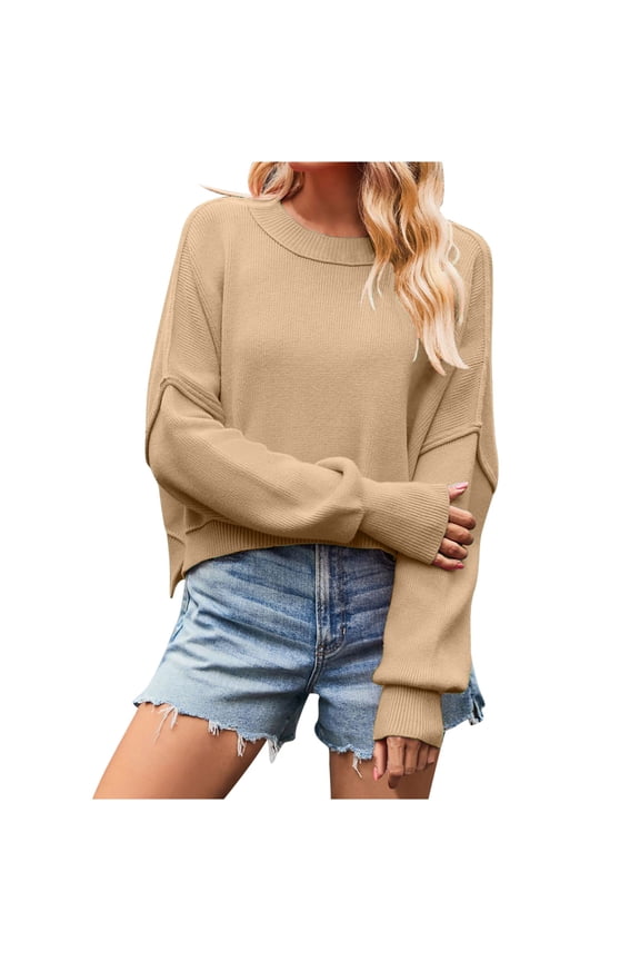 Crop Sweaters for Women Loose Crew Neck Knit Sweatshirt Pullover Drop Shoulder Long Sleeve Side Split Tops (X-Large, Khaki)