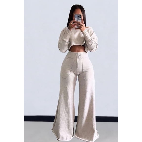 Crop Sweatshirt Wide Leg Pants Set (M, LightGrey)