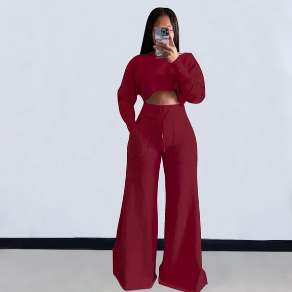 Crop Sweatshirt Wide Leg Pants Set (S, Red)