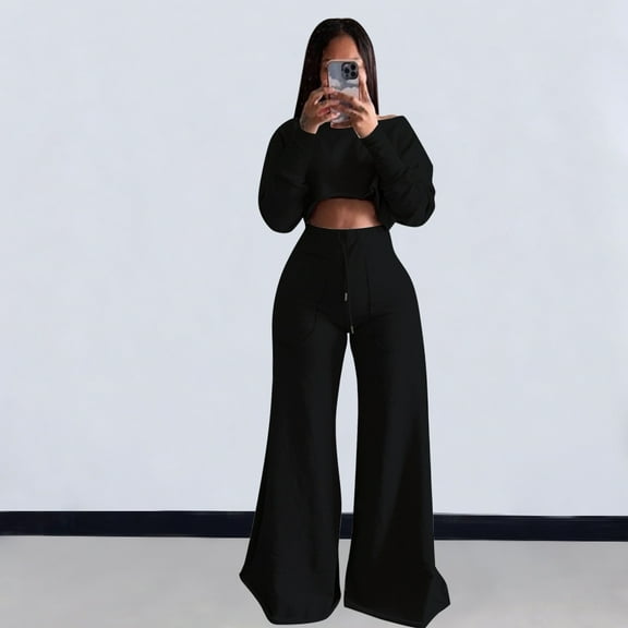 Crop Sweatshirt Wide Leg Pants Set (XL, Black)