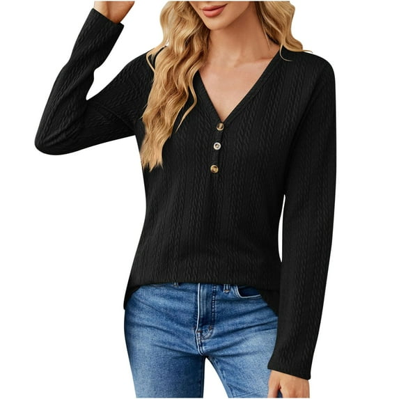 Crop Sweatshirts For Women Plus Size V Neck Button Loose Long Sleeve T shirt