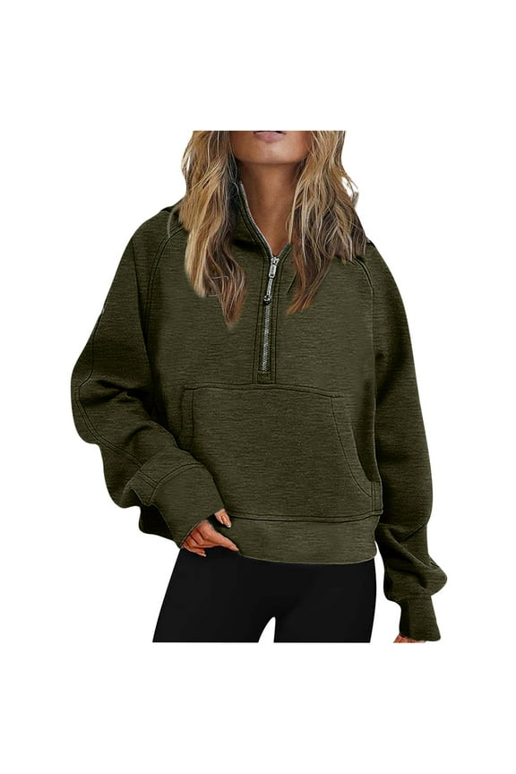 Crop Sweatshirts Womens Half Zipper Pullover Long Sleeve Tops Oversized Stand Collar Sweater Blouse with Pocket (Large, Green)