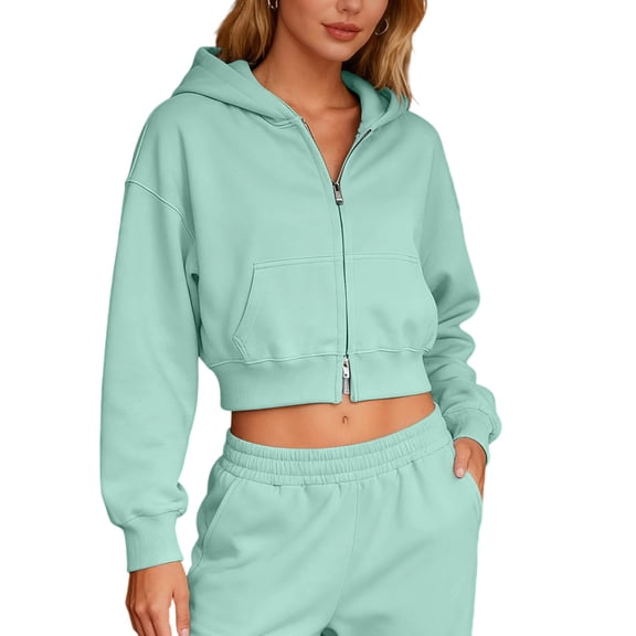 Crop Sweatshirts Womens Plain Hoodies Long Sleeve Tops Pullover/Full-zip Jacket Plus Size Cropped Hooded Shirt (L, Green|Zip-Up)