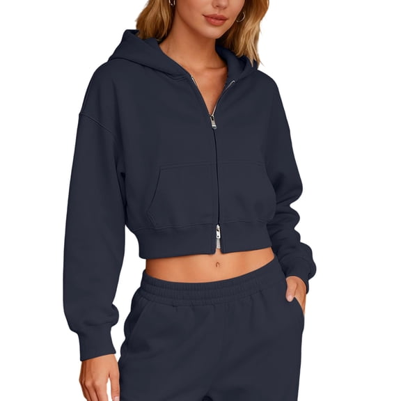 Crop Sweatshirts Womens Plain Hoodies Long Sleeve Tops Pullover/Full-zip Jacket Plus Size Cropped Hooded Shirt (L, Navy|Zip-Up)