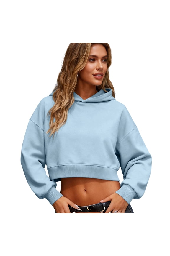 Crop Sweatshirts Womens Plain Hoodies Long Sleeve Tops Pullover/Full-zip Jacket Plus Size Cropped Hooded Shirt (XL, Light Blue)