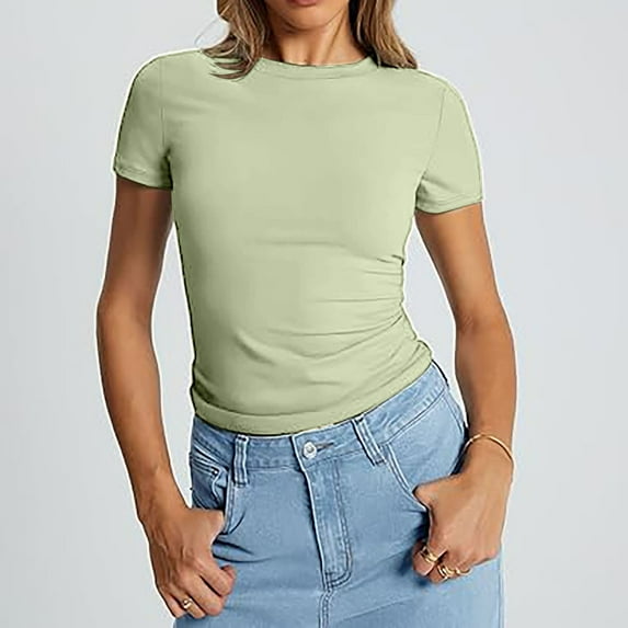 Crop T Shirt Girls Summer Pullover, Thin Round Neck Fashion Short Sleeves, Polyester Spandex, Multicolor XS, Size XS-XL