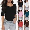 thumbnail image 1 of Crop T Shirts for Women Half Sleeve Crew Neck Tee Solid Color Spring Summer Slim Fit Basic Top Blue L, 1 of 9