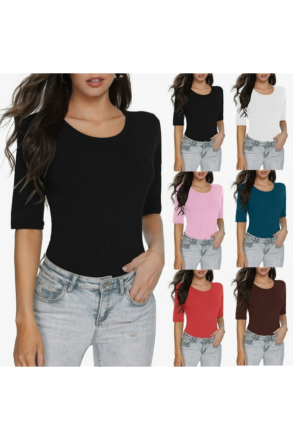 Crop T Shirts for Women Half Sleeve Crew Neck Tee Solid Color Spring Summer Slim Fit Basic Top Red XL