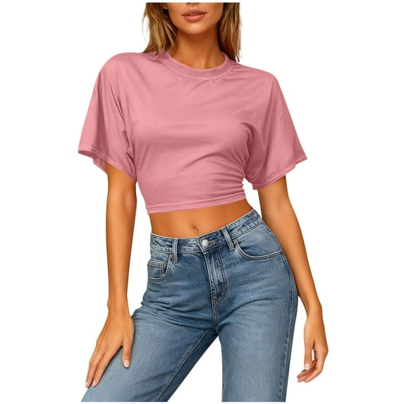 Crop T-shirts for Women Casual Summer Trendy Short Sleeve Tops Going Out Cropped Tees Crewneck Plain Tshirts (S, Pink)