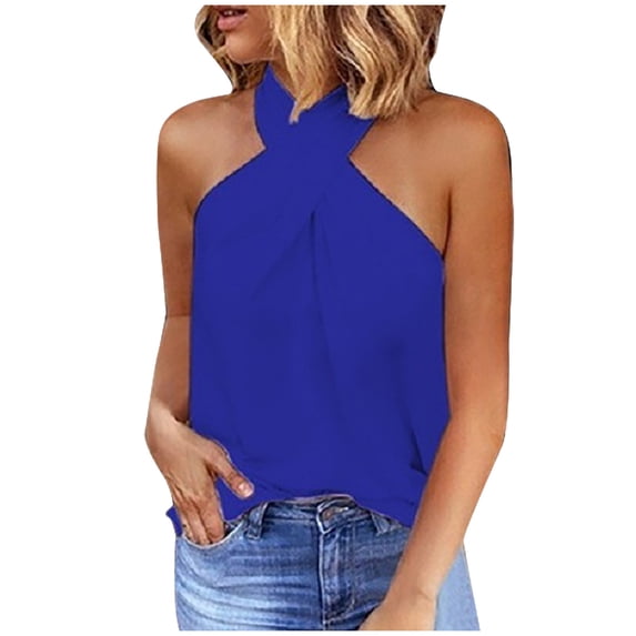 Crop Tank Tops For Women Sevevn Women's Casual Slim Zipper Hanging Neck Solid Color Sleeveless Stitching Top