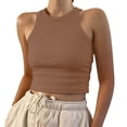 thumbnail image 1 of Crop Tank Tops for Women Cute Summer Lightweight Sleeveless High Neck Shirts Basic Slim Fitted Ribbed Knit Y2k Blouses Soft Lightweight Shirts Daily Beach Vacation Outfits, Khaki 2XL, 1 of 7