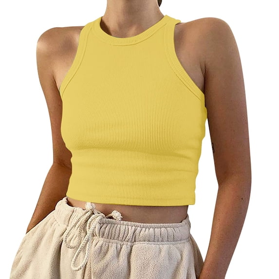 Crop Tank Tops for Women Cute Summer Lightweight Sleeveless High Neck Shirts Basic Slim Fitted Ribbed Knit Y2k Blouses Soft Lightweight Shirts Daily Beach Vacation Outfits, Yellow M