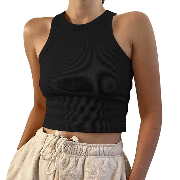 Crop Tank Tops for Women Cute Summer Lightweight Sleeveless High Neck Shirts Basic Slim Fitted Ribbed Knit Y2k Blouses Soft Lightweight Shirts Daily Beach Vacation Outfits, Black L