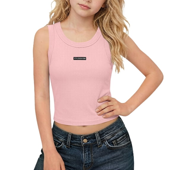Crop Tank Tops for Girls Summer Cute Going Out T Shirts Slim-Fit Stretchy Sleeveless Cropped Tanks Tshirts 6 Years, Pink