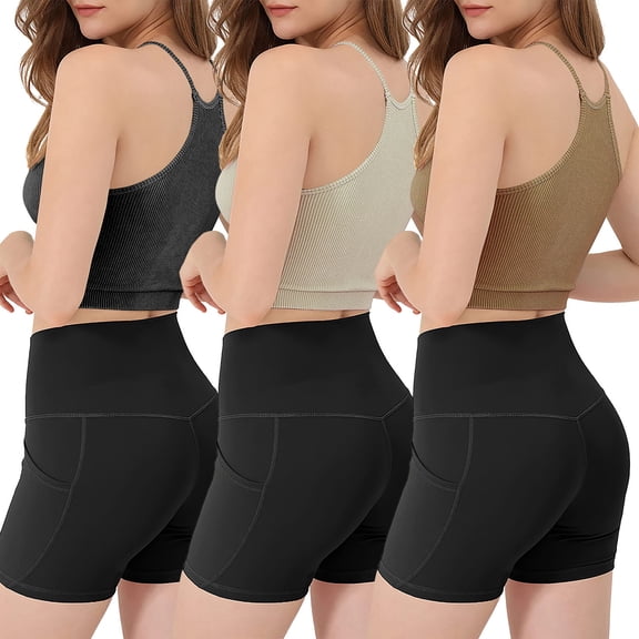 Crop Tank Tops for Summer, TeqHome 3 Pack Women Crop Basic Tank Top Ribbed Knit Sleeveless Round Neck 9 Color Machine Wash Crop Skin-Friendly,S