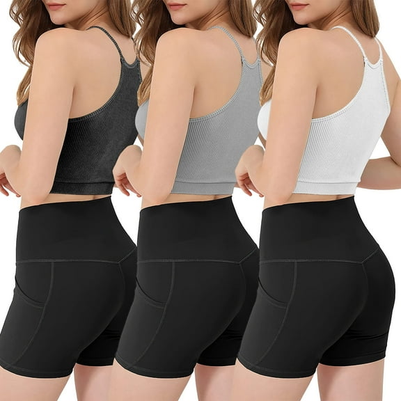 Crop Tank Tops for Summer, TeqHome 3 Pack Women Crop Basic Tank Top Ribbed Knit Sleeveless Round Neck 9 Color Machine Wash Crop Skin-Friendly, S