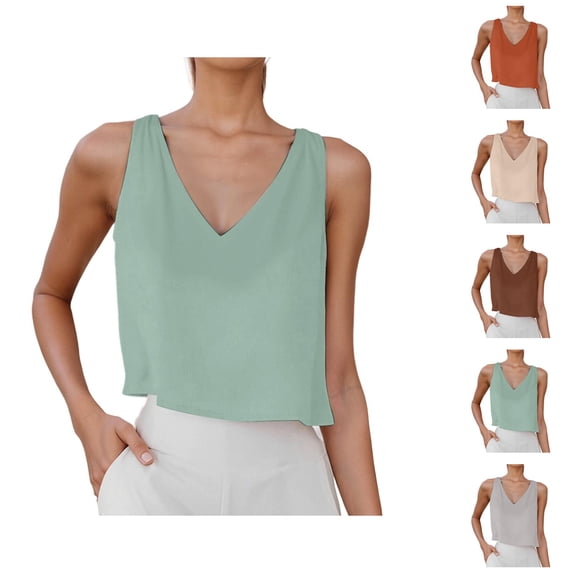 Crop Tank Tops for Women Cotton Linen Lightweight Breathable V Neck Casual Plain Sleeveless Shirt Summer Outfits