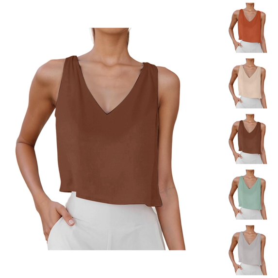 Crop Tank Tops for Women Cotton Linen Lightweight Breathable V Neck Casual Plain Sleeveless Shirt Summer Outfits