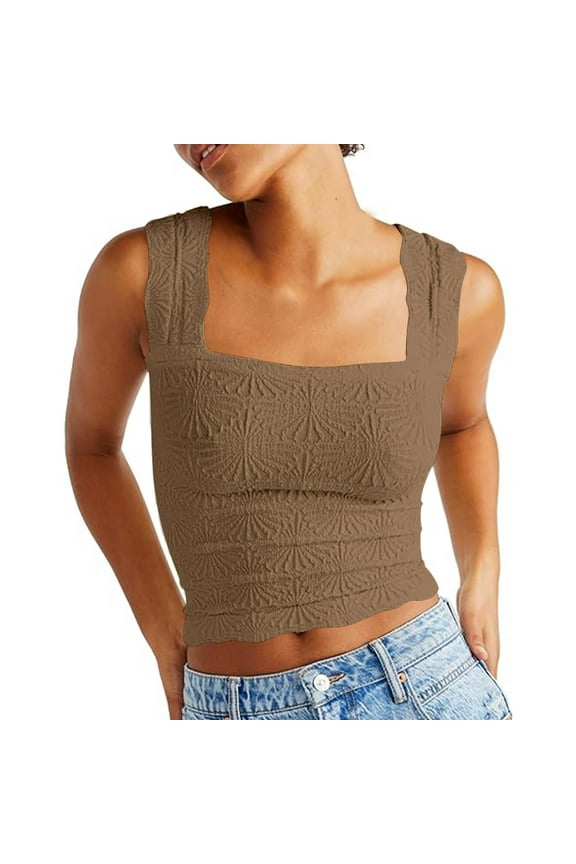 Crop Tank Tops for Women Square Neck Cropped Cami Top Summer Wide Strap Tank Tops Basic Solid Slim Fit Shirts