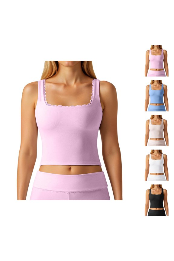 Crop Tank Tops for Women Square Neck Lace Neckline Stretchy Ribbed Plain Fitted Sleeveless Shirt Y2k Going out Tops