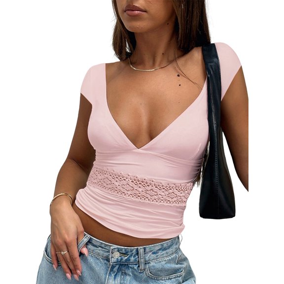 Crop Tank Tops for Women Summer V Neck Sleeveless Going Out Tops Ruched Lace Tee Trendy T Shirts Casual Pink S