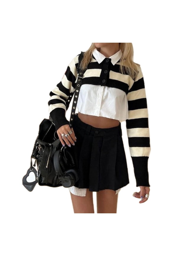 Crop Top Crochet Shawl Long Sleeve Cover-ups Knitted Stripe T-shirt Women's Fashion Streetwear