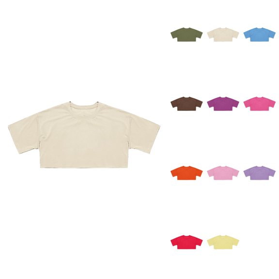 Crop Top for Girls with Square Neck, Short Sleeve Slim Fit Basic Tee for Summer