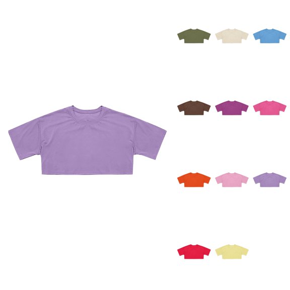 Crop Top for Girls with Square Neck, Short Sleeve Slim Fit Basic Tee for Summer