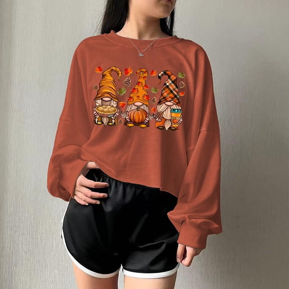 Crop Top for Womens Halloween Printed Sweatshirts Lantern Long Sleeve Blouses Casual Loose T-Shirts Crewneck Pullover Tops Fall Halloween Costumes