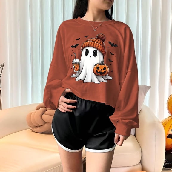 Crop Top for Womens Halloween Printed Sweatshirts Lantern Long Sleeve Blouses Casual Loose T-Shirts Crewneck Pullover Tops Fall Halloween Costumes