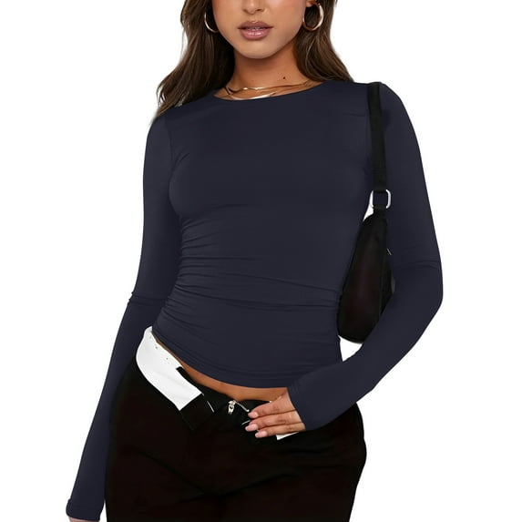 Crop Tops For Women Ribbed Long Sleeve V Neck Outfit Slim Fitted Tight Shirt Juniors Cute Teen Girls Athletic Tops Fashion Y2k Layering Thermal Basic Tee Navy S