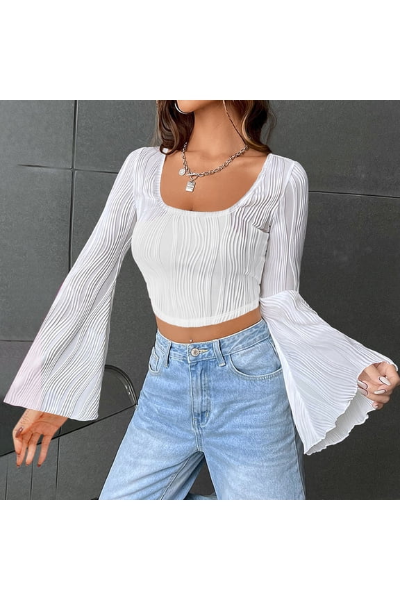 Crop Tops For Women Solid Color U Neck Cropped Flared Long Sleeve Top Short Length For A Modern Flirty Look Going Out Tops For Women